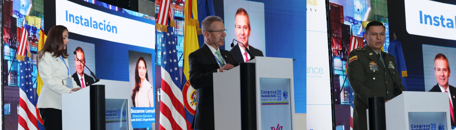 Instalación oficial del Congreso, de izquierda a dereche: Suzanne Lemaire, Luis Bernardo Benjumea, y el brigadier general Wharlinton Iván Gualdrón.