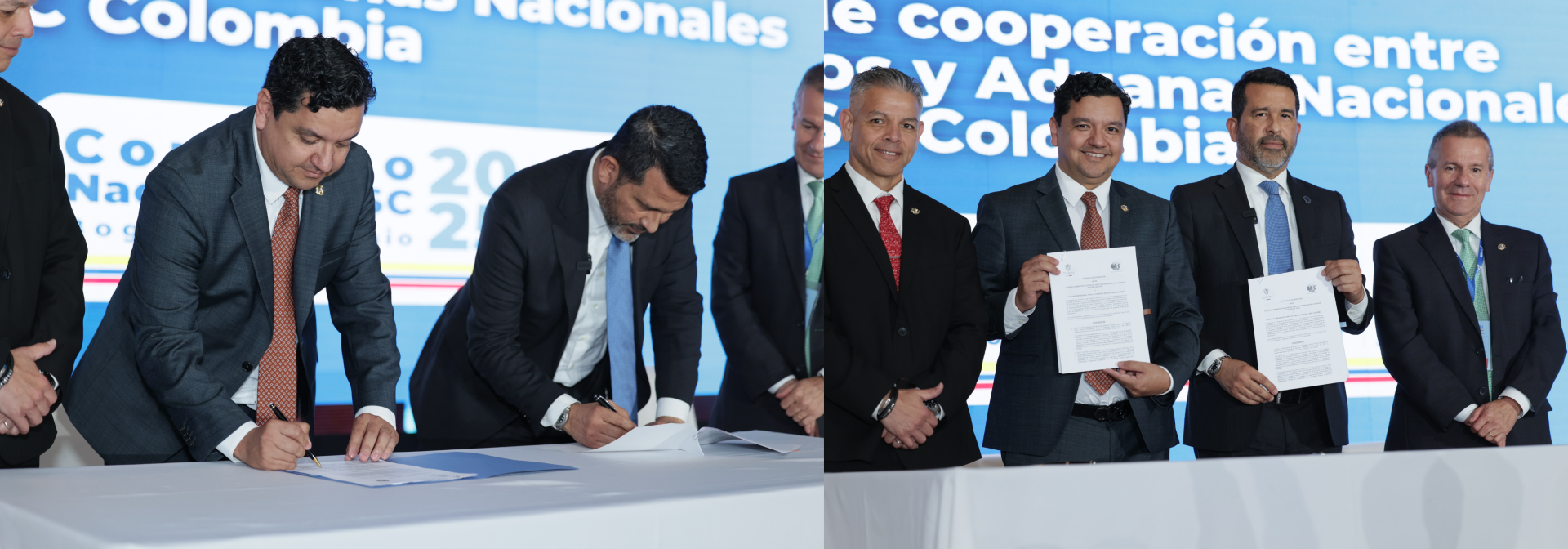 First photo: Signing of the Cooperation Agreement between DIAN and BASC Colombia. Signatories: Óscar Sánchez, chairman of the Board of Directors of BASC Colombia and WBO; and Luis Eduardo Llinás, acting director general of the DIAN. Second photo, from left to right: Erik Moncayo, Óscar Sánchez, Luis Eduardo Llinás, and Luis Bernardo Benjumea.