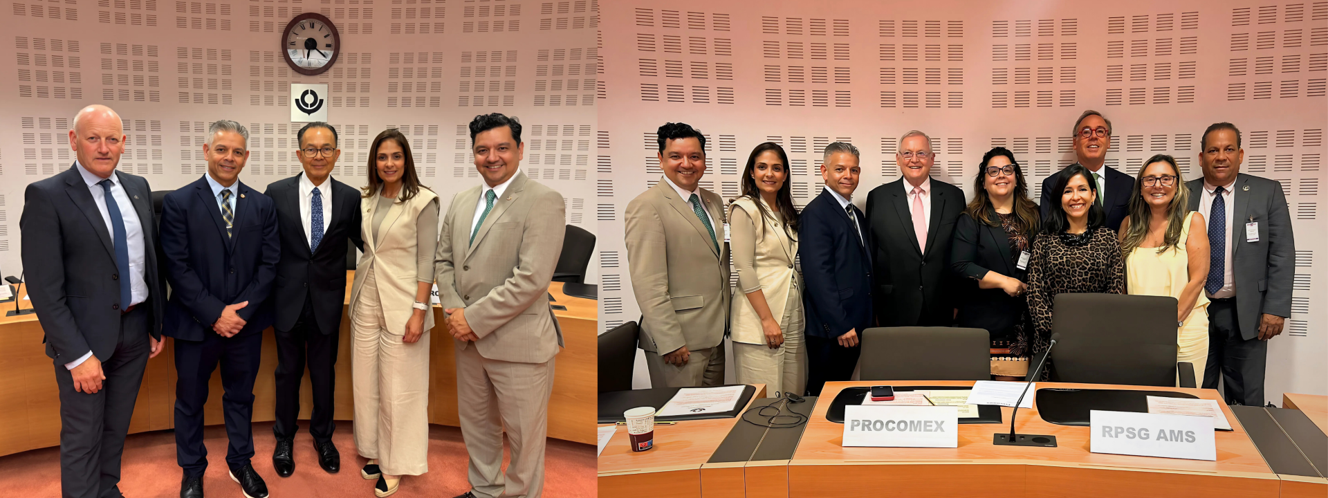 Primera foto, de izquierda a derecha: Colm Leonard, vicepresidente del GCSP; Erik Moncayo, presidente internacional de WBO; Jaime King, presidente del GCSP; Suzanne Lemaitre, directora ejecutiva de WBO; y Oscar Sánchez, presidente de la Junta Directive de WBO. Segunda foto, de izquierda a derecha: Oscar Sánchez, Suzanne Lemaitre, Erik Moncayo; John Mein, presidente de PROCOMEX; Patricia Masella, presidenta de AMECOMEX; Erika Medina - PROCOMEX; Alfonso Rojas, representante de ASAPRA/CARGODEC; Célia Regina Gomes - PROCOMEX; y Nelson Brens, presidente de ASAPRA.