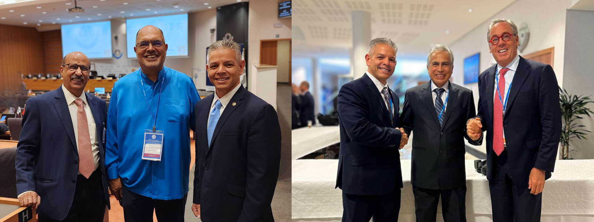 Primera foto, de izquierda a derecha: Jeevan G. RaoSahib, director de Indelox Services Private Limited; Edward Kieswetter, comisionado del Servicio de Impuestos de Sudáfrica (SARS, por sus siglas en inglés); Erik Moncayo, presidente internacional de WBO. Segunda foto, de izquierda a derecha: Erik Moncayo, presidente internacional de WBO; Manuel Emilio Sánchez Peralta, superintendente nacional adjunto de Aduanas SUNAT (Perú); y Alfonso Rojas, representante de ASAPRA/CARGODEC.